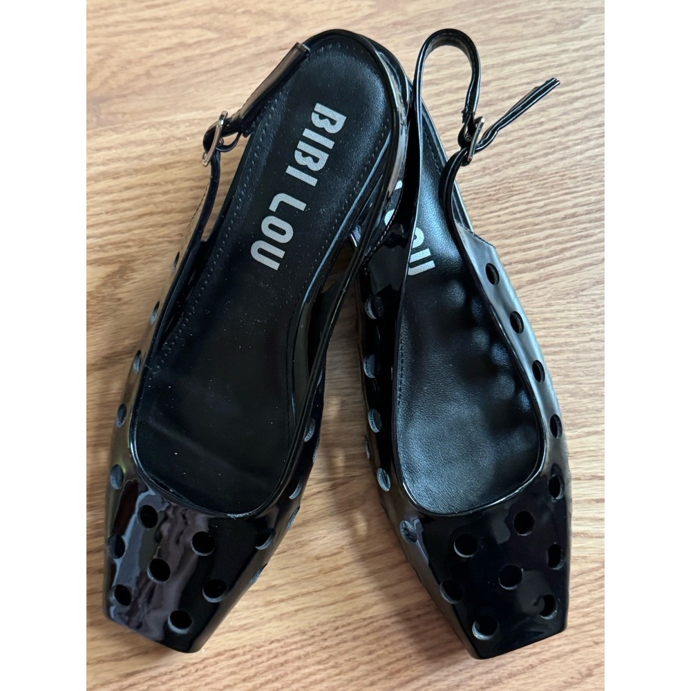 Bibi Lou Black Patent Cutout Slingback Square Toe Flats Size 37 US 7
